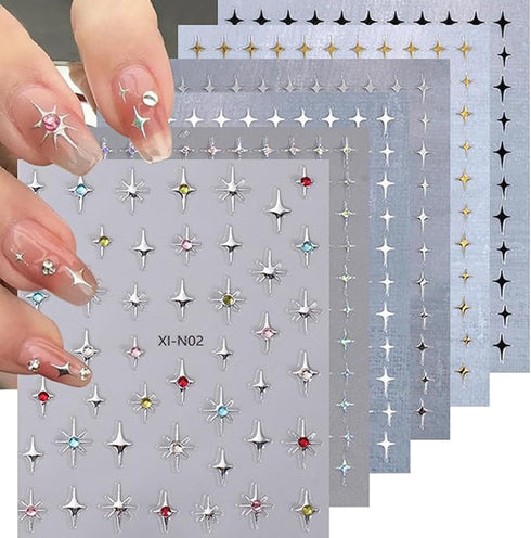6 Sheets Star Nail Stickers 3D Star Nail Supplies Self Adhesive Black and White Star Nail Art Stickers Star Nail Design Laser Gold Flash Star Nail...