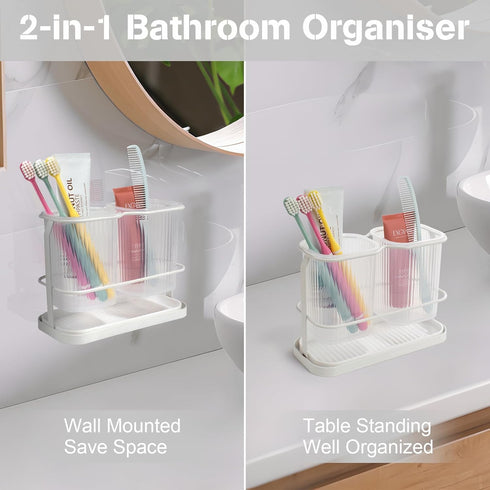 White Toothbrush Holders for Bathrooms, Toothbrush Holders Wall Mounted with 2 Cup, Dry & Wet Separation, Bathroom Countertop Organizer and Storag...