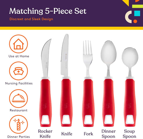Special Supplies Adaptive Utensils 5-Piece Set Non-Weighted, Non-Slip Handles for Hand Tremors, Arthritis, Parkinson’s or Elderly Use - Stainless ...