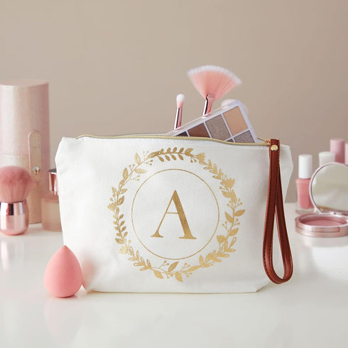 Gold Initial A Personalized Makeup Bag for Women, Monogrammed Canvas Cosmetic Pouch (White, 10 x 3 x 6 In)...