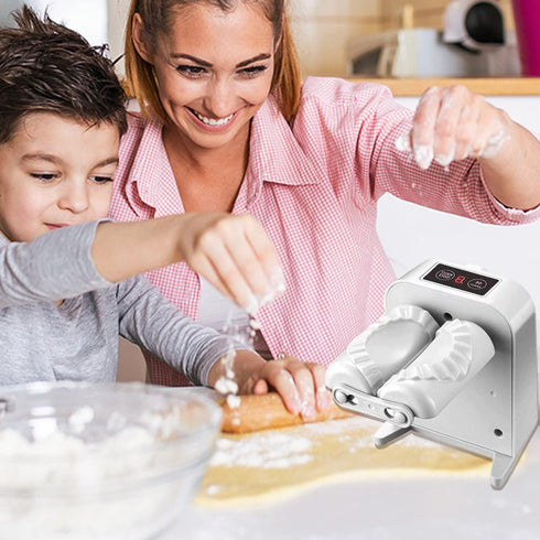 Automatic Electric Dumpling Press Maker Machine - Adjustable and Easy to Operate, With Spoon and Brush - For Home Kitchen Pastry Making (White)...