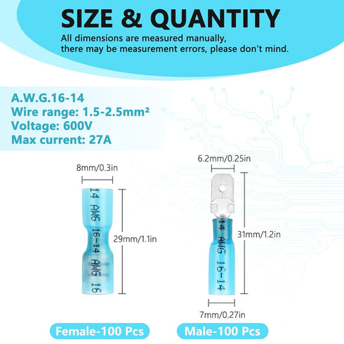 200 Pcs Heat Shrink Spade Connectors, Male and Female Spade Connectors, Blue Heat Shrink Wire Terminals, Insulated Quick Disconnect Electrical Ter...