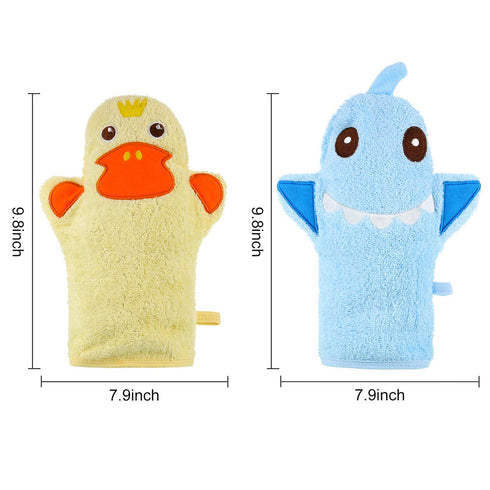 2 Pieces Baby Bath Mitt Washcloths with Cute Animal Designs Yellow Duck Shark Towel Gentle Soft Scrub for Toddler Bath and Shower...