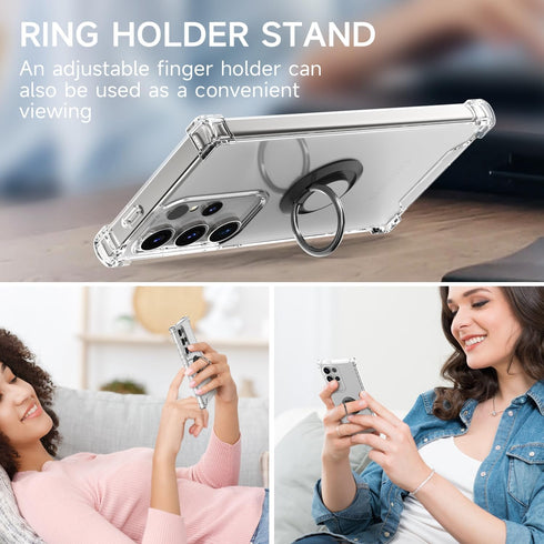 for Galaxy S24 Ultra Case Clear with 360 Rotation Metal Ring Holder Stand, Support Magnetic Car Phone Mount Soft TPU Bumper PC Hard Protective Pho...