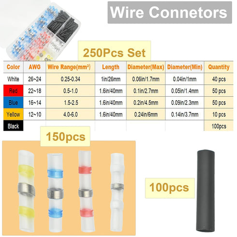 150pcs Solder Seal Wire Connectors 100pcs Heat-Shrinkable Tubes? Heat Shrink Connectors Waterproof and Insulated Electrical Wire Terminals...