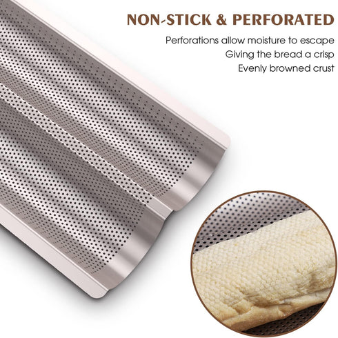 Baguette Pan French Bread Pans For Baking Pans, Nonstick 2 Slots Perforated Italian Loaf Pan Mold Long French Bread Pan Golden...