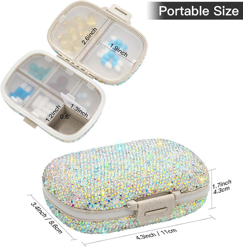Soleebee Portable 8 Compartments Daily Pill Organizer, Bling Crystal Diamond Pill Box, Small Travel Pill Case, Pill Dispenser, Medicine Container ...