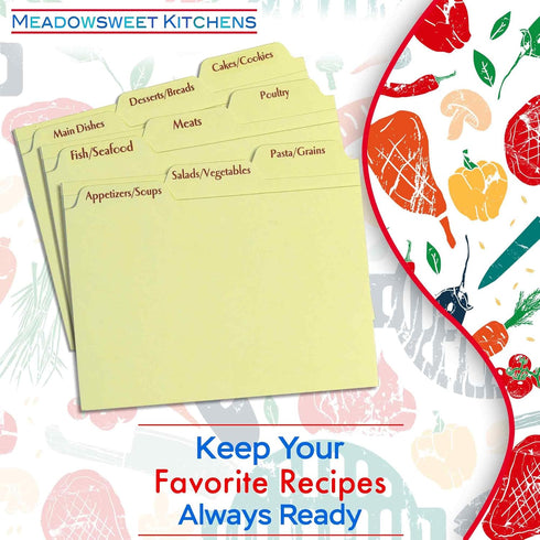 Meadowsweet Kitchens Recipe Card Box Tab Divider Set - Tab Dividers Printed on Neutral Color Card Stock - Set of 9 Tab Dividers for 4x6 Recipe Car...