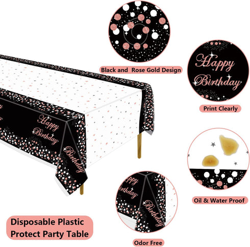 3 Pack Black and Rose Gold Tablecloth Party Decorations - Plastic Disposable Birthday Tablecloth, Black and Rose Gold Confetti Rectangle Table Cov...