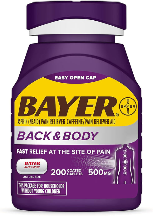 Bayer Extra Strength 500mg Aspirin Plus Caffeine for Powerful Pain Relief, 200 Coated Caplets...