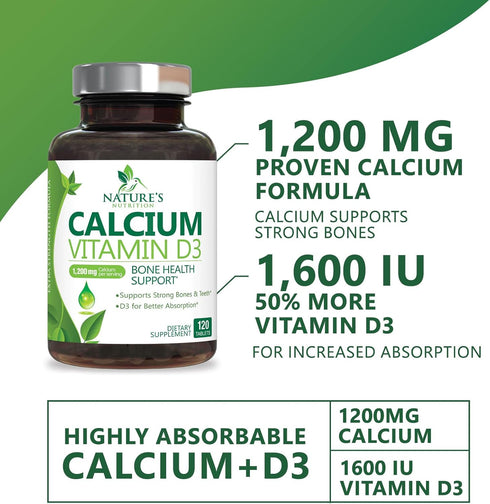 Calcium Supplement with Vitamin D - 1200 mg Calcium Carbonate with 1600 IU of D3 Vitamins - Supports Bone Strength, Teeth & Immune System - Natura...