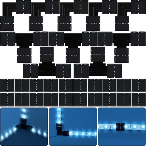 30 Pieces RGB LED Strip Connector Full Kit, 4 Pin 10 mm Gapless Solderless Adapter Extension Compatible with SMD 5050 LED Strip, 20 Gapless Connec...