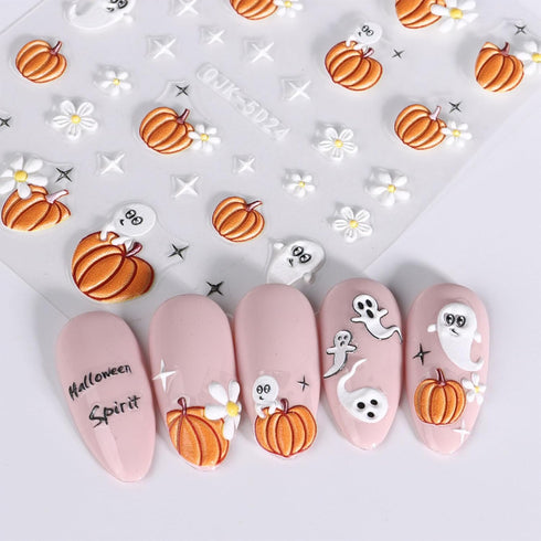 JMEOWIO 3D Embossed Halloween Nail Art Stickers Decals Self-Adhesive Pegatinas Uñas 5D Cute Pumpkin Ghost Flower Spook Nail Supplies Nail Art Desi...