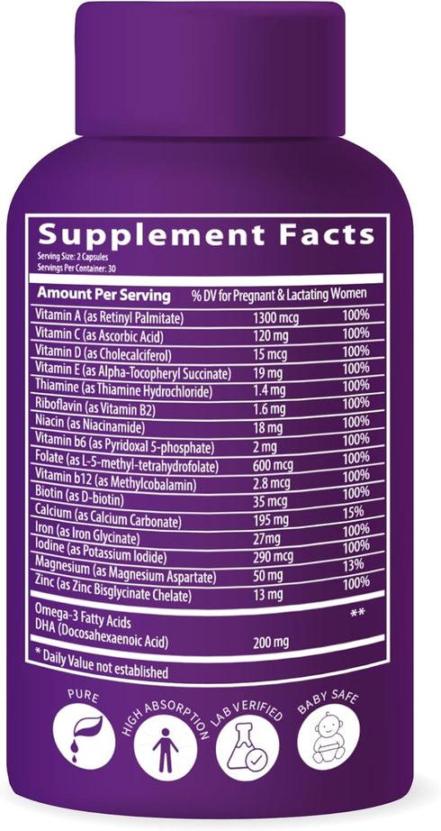 Ultra Strength Bio-Available Prenatal Vitamins for Women, Naturally Occurring Methylated Folate Folic Acid, DHA Omega 3. Supports Brain Developmen...