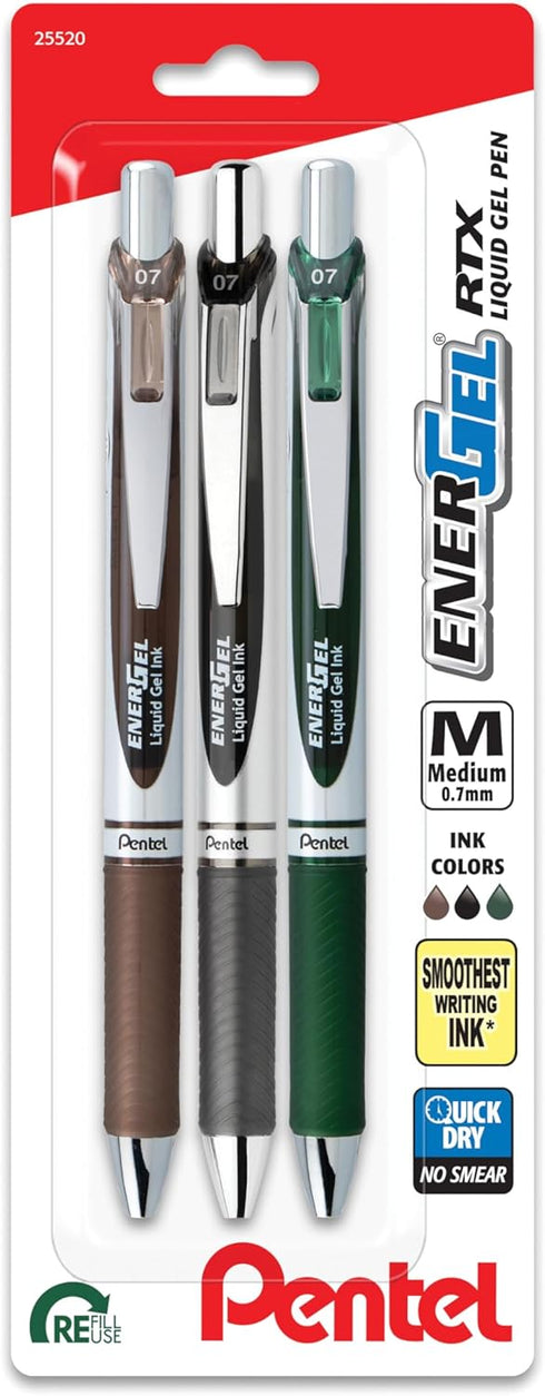 EnerGel RTX Retractable Liquid Gel Pen, 0.7mm, Camo Hue, Sepia, Black, and Forest Green Ink, Pack of 3 Pens (BL77CAMBP3M)...