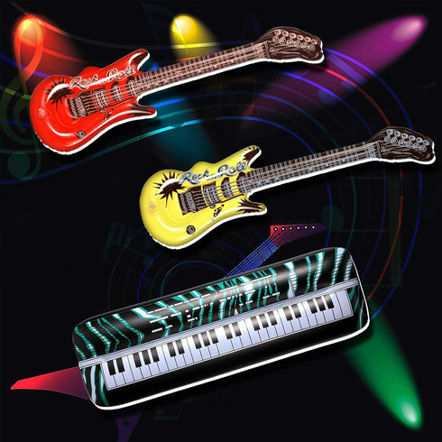 Inflatable Rock Star Toy Set 80s 90s Party Decorations Blow up Party Props Musical Instrument Include Inflatable Backdrop Banner, Microphone, Guit...