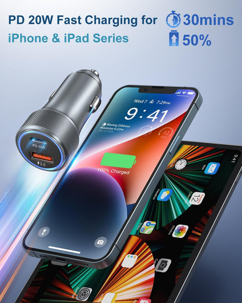 USB C Car Charger, OKRAY 36W Fast Charging Type C Car Phone Charger Dual Ports Cigarette Lighter Adapter with 6FT USB C to C Cable Compatible for ...