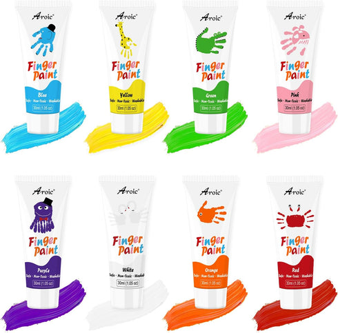 27PCS Kids Washable Finger Paint Set, Non Toxic Finger Paints 8 Colors, Finger Paint Paper, Brushes, Sponges, Art Painting Supplies for Toddlers,F...