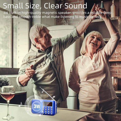 PRUNUS Mini Portable Radio AM FM Pocket Radio with MP3, LED Flashlight, Digital Radio Speaker Support Micro SD/TF Card/USB, Auto Scan Save, 1200mA...