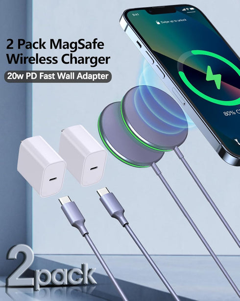 2 Pack Magnetic Wireless Charger 15W Apple Mag-Safe Charger with 20W Adapter for iPhone 15/14/13/12 Pro/Max/Plus/Mini and AirPods 3/2/Pro 2/Pro Ma...