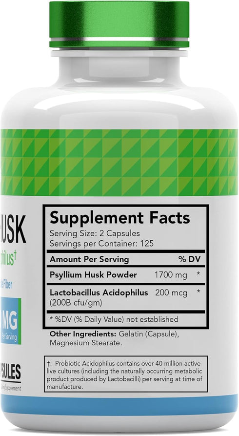 Psyllium Husk Capsules | 1700 MG - 250 Capsules | with Probiotic Acidophilus | Extra Strength Soluble & Dietary Fiber Supplement | Supports Digest...