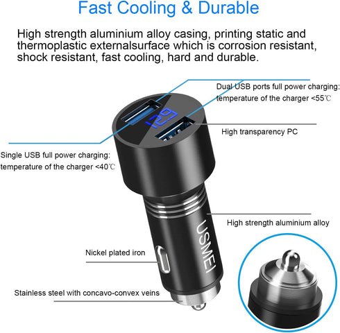 Car Charger, USMEI Quick Charge 3.0 Dual USB Charger Adapter with Voltmeter, Compatible with iPhone 15/14/13, Samsung S24/S23/S22/Note 20/10 and M...