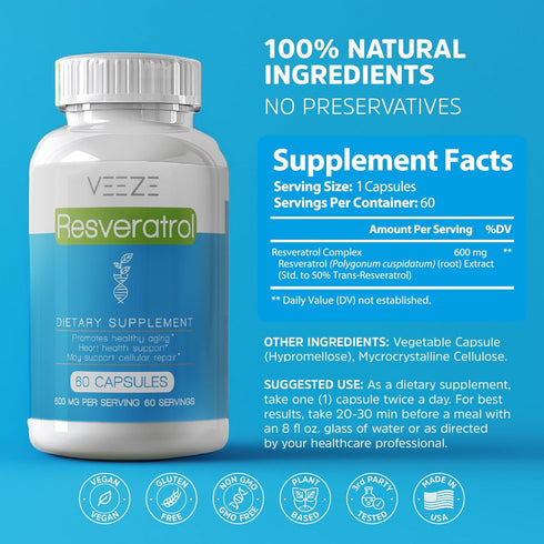 Resveratrol Supplement 600mg 60 Capsules & 60 Servings - Made in USA Natural & Organic Resveratrol - Rich in Antioxidants & Trans Resveratrol for ...