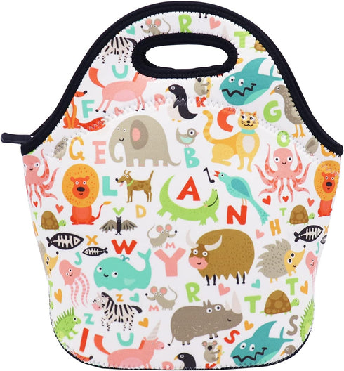 Neoprene Lunch Bag for Kids, Insulated Lunch Box Tote for Women Men Adult Teens Boys Teenage Girls Toddlers (Alphabet Animals)...