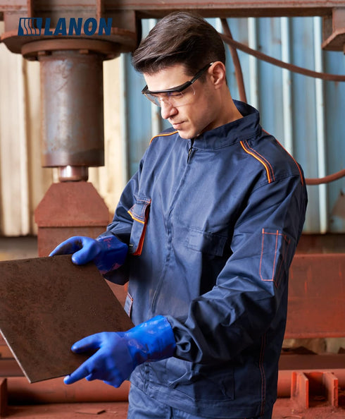 LANON PVC Chemical Resistant Gloves, Heavy-Duty Rubber Gloves, Acid, Alkali and Oil Protection, Non-Slip, Blue, Large...