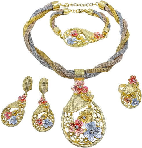 Gold Jewelry for Women Luxury African Dubai 18k Gold Plated Jewelry Sets Wedding Crystal Flower Necklace Earrings Set for Bridal Party Chunky Neck...