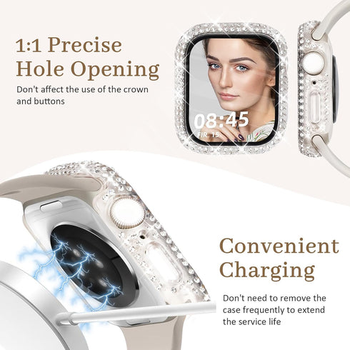 2-Pack Bling Case with HD Screen Protector Women Compatible with Apple Watch 40mm Diamond PC Bumper Full Protective Face Cover for iWatch Series 4...