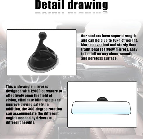 12''Anti Glare Rear View Mirror with Suction Cup, 360 Degrees Adjustable, HD Car Interior Rearview Mirror with Adjustable Suction Cup,Rear View Mi...