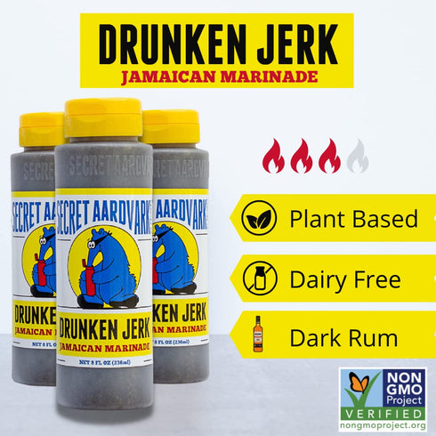 Secret Aardvark Drunken Jerk Hot Sauce - Jamaican Jerk Sauce and Marinade, Made with Jamaican Jerk Seasoning, Soy Sauce, & Habanero Peppers, Non-G...