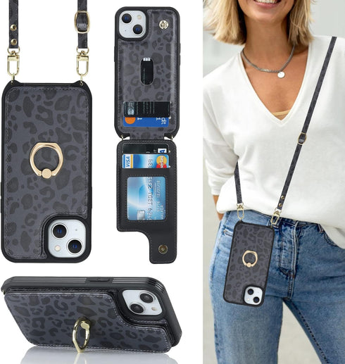 for iPhone 13 Case with Card Holder for Women,iPhone 13 Phone Case with Strap,Crossbody Lanyard,Ring Stand,Snap Clasp,Cute Wallet Cases for iPhone...