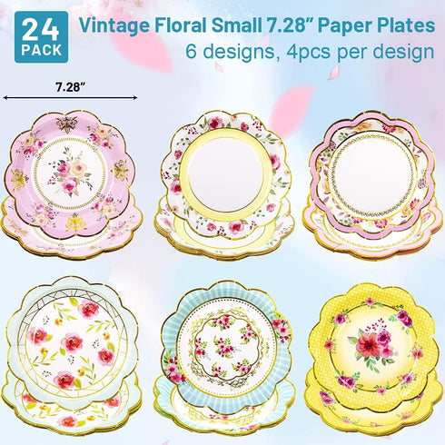 Fancy Land Floral Paper Plates 7.28 Inches Vintage Small Party Plate 24 ct...