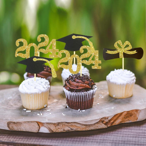 24 Pack 2024 Graduation Cupcake Topper Congrats Grad Cake Topper with Diploma, 2024, Grad Cap for Graduate Party Decorations Supplies...
