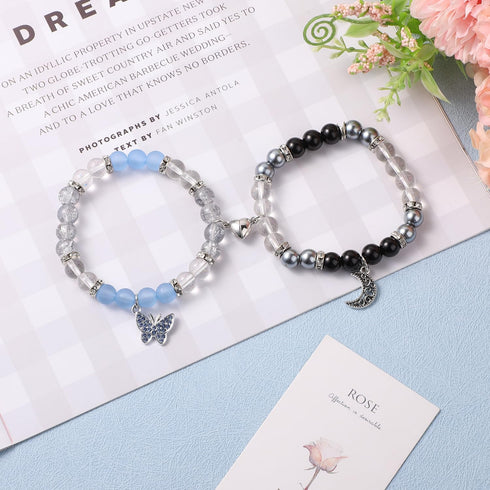 2pcs Couple Bracelets, Magnetic Butterfly And Moon Matching Bracelets Mutual Attraction Valentine Relationship Love Heart Bracelets Friend Jewelry...