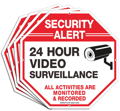 Video Surveillance Sign, 4 Pack 10 x 10 Rust Free .040 Aluminum Security Warning Reflective Metal Signs, Indoor or Outdoor Use for Home Business C...