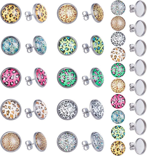 SUNNYCLUE 1 Box 130Pcs DIY 20 Pairs Leopard Stud Earrings Making Starter Kit 4 Color 12mm Flat Back Druzy Resin Cabochons & Blank Stud Bezel Earri...