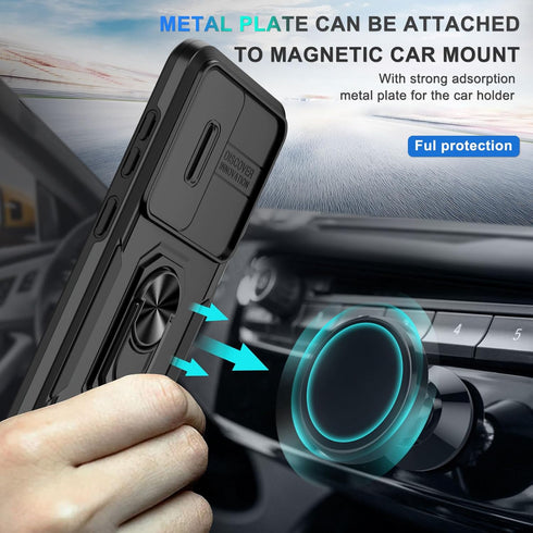 Janmitta Compatible with Galaxy S24+ Plus Case Built in Slide Camera Lens Cover+Screen Protector+Finger Ring Holder Kickstand,Heavy Duty Shockproo...