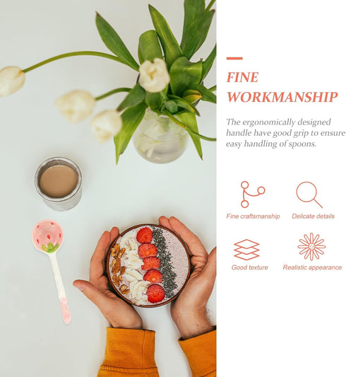 Housoutil 2PCS Strawberry Spoons, Cute Ceramic Soup Spoons, Porcelain Spoons with Long Handle for Breakfast Cereal Rice Yogurt Appetizers and Dess...