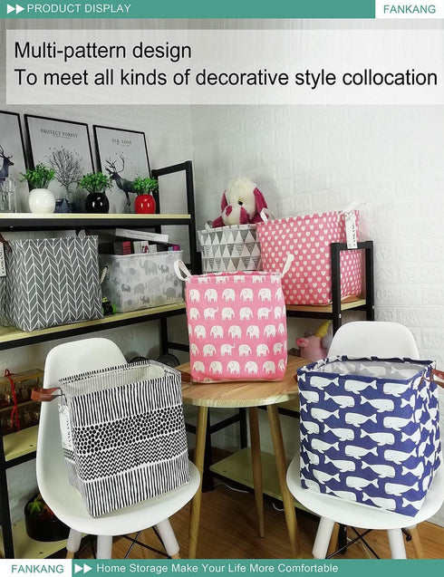 FANKANG Square Nursery Hamper Storage Bins Canvas Laundry Basket Foldable with Waterproof PE Coating Storage Baskets Gift Baskets for Children, Of...