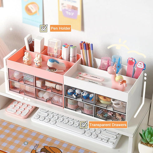 Desk Organizer and Accessories with 4 Compartments and 4 Drawers, Plastic Makeup Organizer, Pen Holder for Desktop Storage, Desk Organization for ...