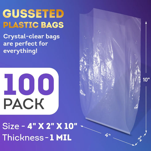 APQ Clear Gusseted Poly Bags, 4 x 2 x 10 Inch. Pack of 100 Gusseted Plastic Bags 1 Mil Thick for Favors with Open Top. Clear Plastic Bags for Pack...