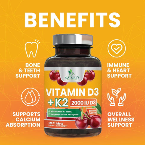 Vitamin D3 K2 as MK-7 with 2000iu of D3 & 75mcg K2, Vitamin K2 D3 Bone Strength Supplements Support Calcium Absorbtion for Teeth & Bone Health + M...