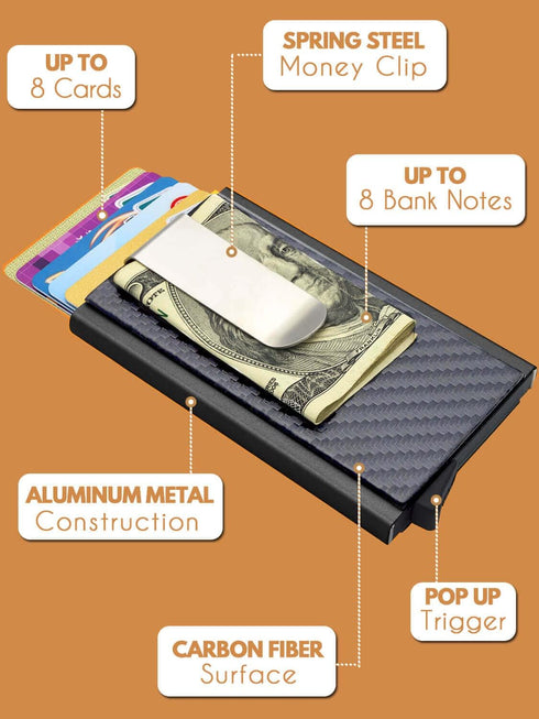 MOSIYEEF Minimalist Stealth Wallet for Men - Pop Up Men Wallet with Money Clip - Leather-wrapped Slim Compact Card Holder Carbon Fiber Card Wallet...