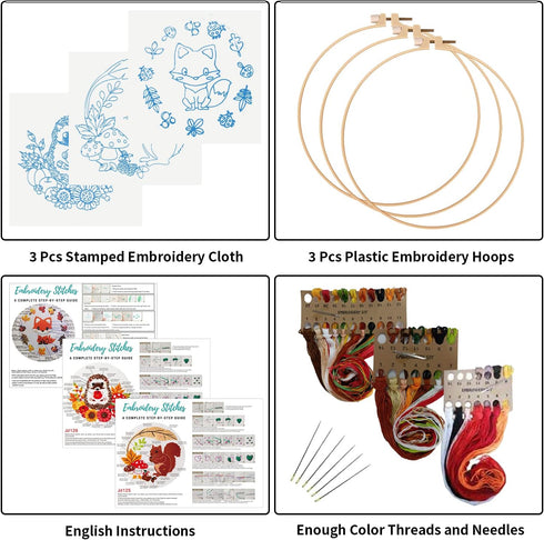 Louise Maelys 3 Set Animal Embroidery Kits for Beginners with Autumn Squirrel Hedgehog Fox Pattern,Adults Starter Cross Stitch Kit DIY Needlepoint...