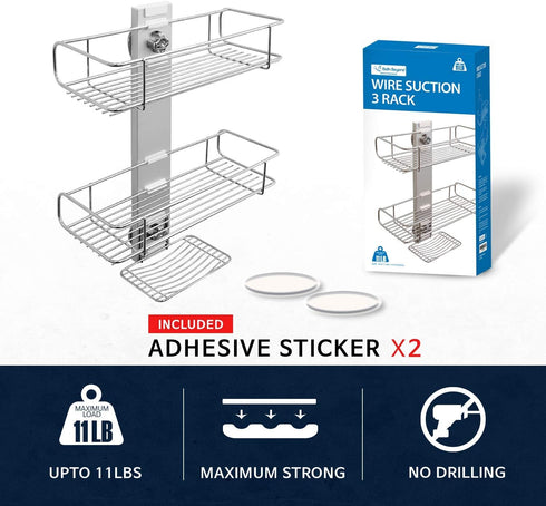 BATHBEYOND Shower Caddy Suction Cup Tier Shower Shelf - Adjustable Shower Caddy 400 Stainless Steel No-Drilling and Extra Adhesive Sticker for Mor...
