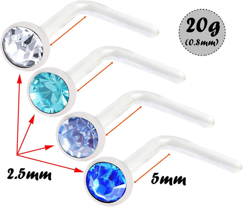 4pcs 20g 0.8mm L Nose Studs Flexible Acrylic Nostril Screw Rings Piercing 2.5mm Crystal BOAM Pick Color...