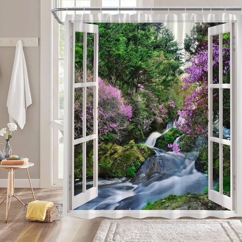 Waterfall Shower Curtain Nature Green Forest Pink Purple Floral Waterfall Landscape from White Window Bathroom Decor Fabric Curtain with Hooks, 88...